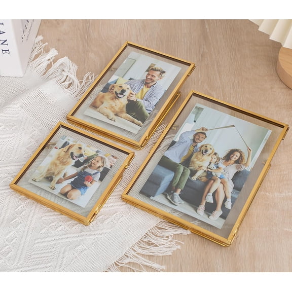 Set of 6 Gold Glass Floating Picture Frame, Glass Pressed Flower Frames Collection, 4"x 4", 4"x 6", 5"x 7" Gold Picture Frame for Stand Tabletop Photo Display