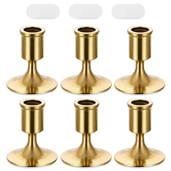 Set of 6 Gold Taper Candle Holders, Metal Vintage Gold Candlestick Holders for Christmas Mantel Decor, Table Centerpiece & Dining Room, with 30 Pieces Candle Wick Adhesive Tapes
