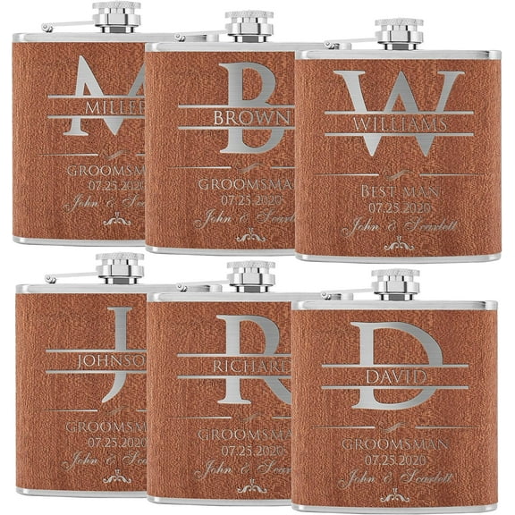 Set of 6, Groomsmen Gifts - Flask w/Name, Title, Date - Cherry Wood - Groomsmen Proposal Gifts w/Optional Gift Box, Groom's Drinking Team, Bachelor Party Gifts - Best Man #D2