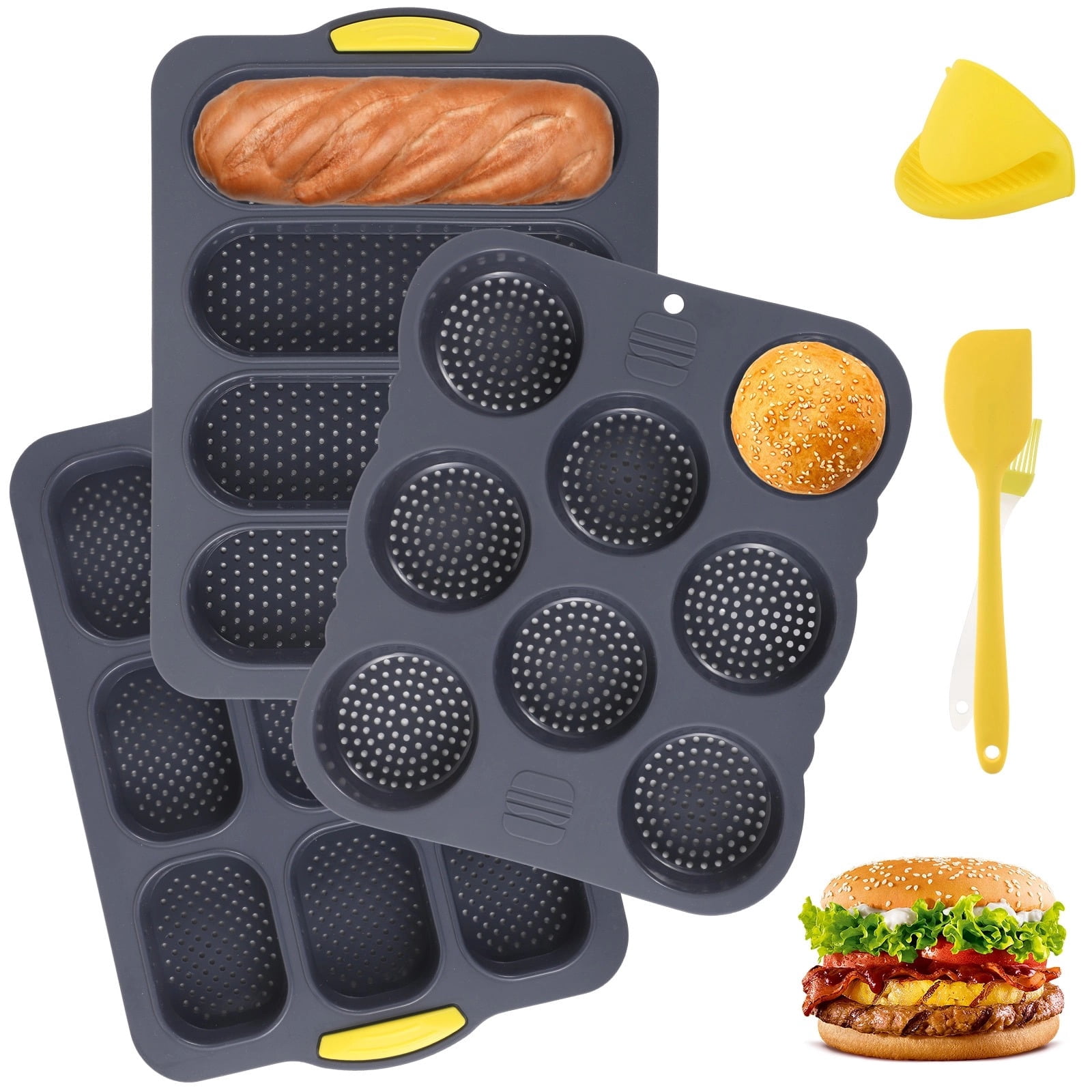 Set of 6 Hamburger Bun Pans for Baking - 4/8/9-Cup Silicone Burger Bun ...