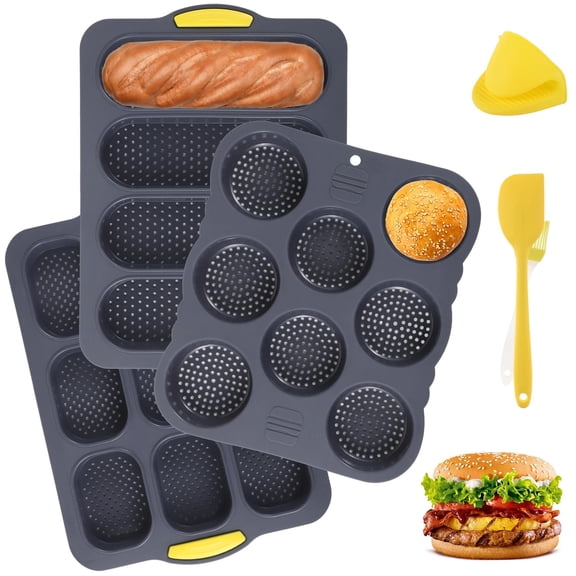 Set of 6 Hamburger Bun Pans for Baking - 4/8/9-Cup Silicone Burger Bun Pans with Brush, Spatula, and Grab Glove | Nonstick Perforated Baking Pans, Rectangular Loaf Molds, Dishwasher Microwave Safe