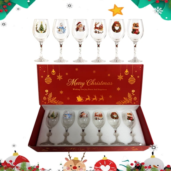Set Of 6 HandDecorated LeadFree Crystal Christmas Wine Glasses, Festive Tree Snowflake Pattern Stemmed Goblets, LongStem Holiday Stemware For Red White Wine Cocktail (Clear)