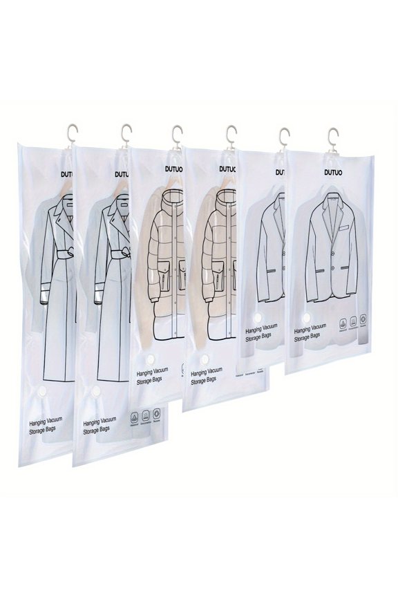 Set of 6 Hanging Vacuum Storage Bags, Designed to Save Closet Space, Extra Durable And Long, Ideal for Storing Suits, Dresses, And More, Comes with a Hook