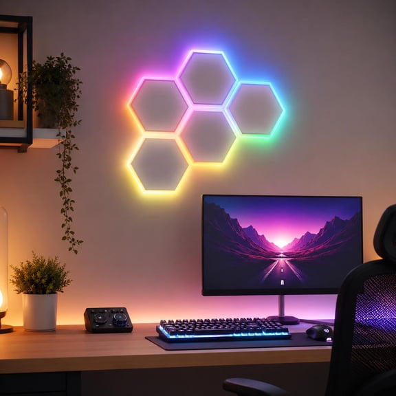 Set of 6 Hexagon LED Light Panels, Smart App RGB LED Wall Lights with Remote Control & Music Sync, Dimmable Ambient Lighting for Bedroom, Game Room, Halloween Decor