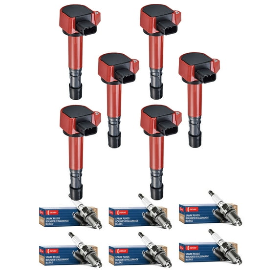 Set of 6 ISA Red Color Ignition Coils and 6 Denso Spark Plugs Compatible with  2001-2005 Honda Civic EX Coupe 2-Door 1.7L 1668CC l4 GAS SOHC Naturally Aspirated Compatible with UF400