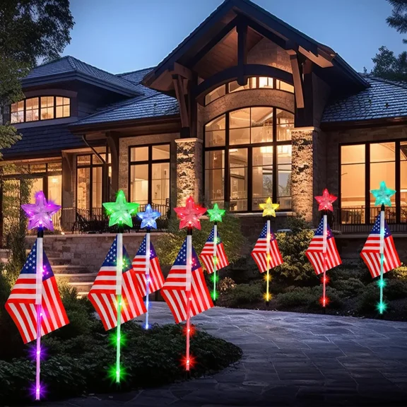 Set of 6 July 4th Decorative Solar American Flag Lights July 4th Solar Patriotic Flag Lights, 2 Modes Garden Pile Lights LED Landscape Lights Street Lights