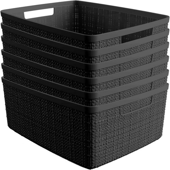 Set of 6 Jute Medium Decorative Plastic Organization and Storage Baskets, Perfect Bins for Home Office, Closet Shelves, Kitchen Pantry and All Bedroom Essentials, Black