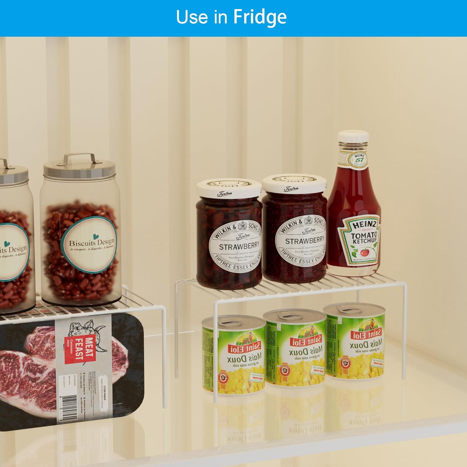Set of 6 Kitchen Cupboard Organiser Shelf, Small Size 10.6 x 5.1 Inch Freezer Cabinet Organization Storage Shelf Wire Rack, Steel Metal Shelves for Fridge Pantries Countertops Utensils -White