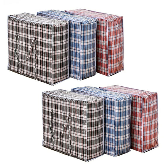 Set of 6 Large Plastic Checkered Laundry Bags with Zipper and Handles for Travel, Laundry, Shopping, Storage, Moving, Size:(19"x19"x7") - Color May Vary