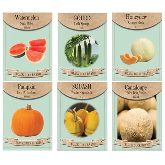 Set of 6 Melon & Gourd Garden Seed Collection – Grow Sweet Melons, Pumpkins, and Unique Gourds – Non-GMO, Heirloom, High Germination – Cantaloupe, Watermelon, Luffa & More