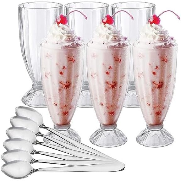 Set of 6 Milkshake Glass, 12oz Old Fashion Sundae Cups, Retro Ice Cream Float Glasses, Heavy Base Soda Fountain Glassware with 6 Long Stainless Steel Spoons$$