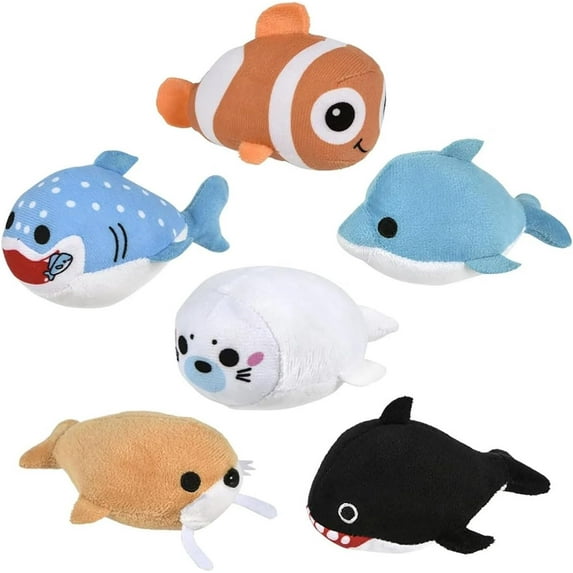 Set of All 6 Mini Ocean Animal Small Plush Stuffed Animals - Shark, Dolphin, Walrus, Orca, Seal, Clownfish - Adorable Tiny Plushie Prize Party Favor- Soft Sea Aquatic Stuffie