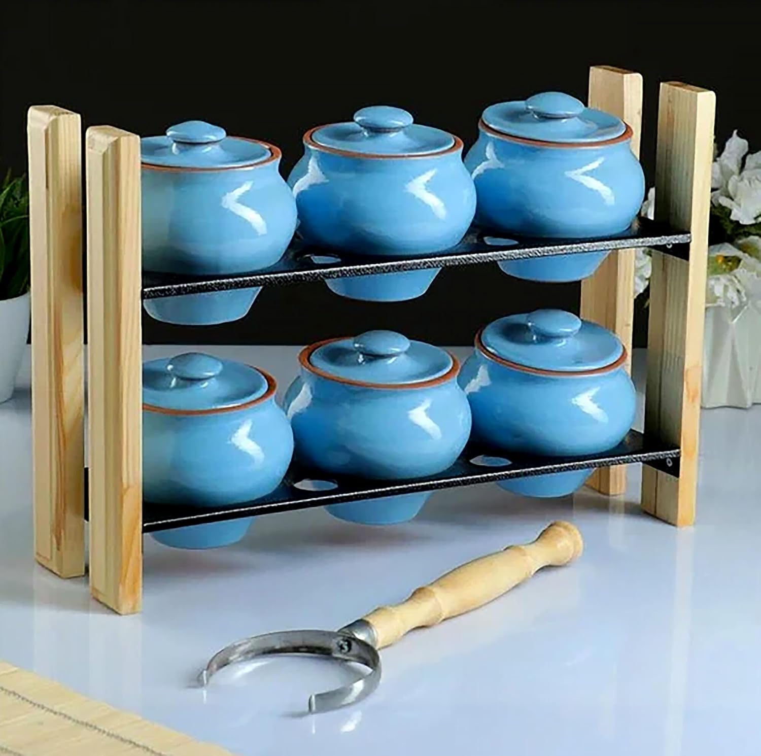 Set of 6 Natural Clay Stoneware Baking Ramekins with Lids & 1 Oven Fork ...