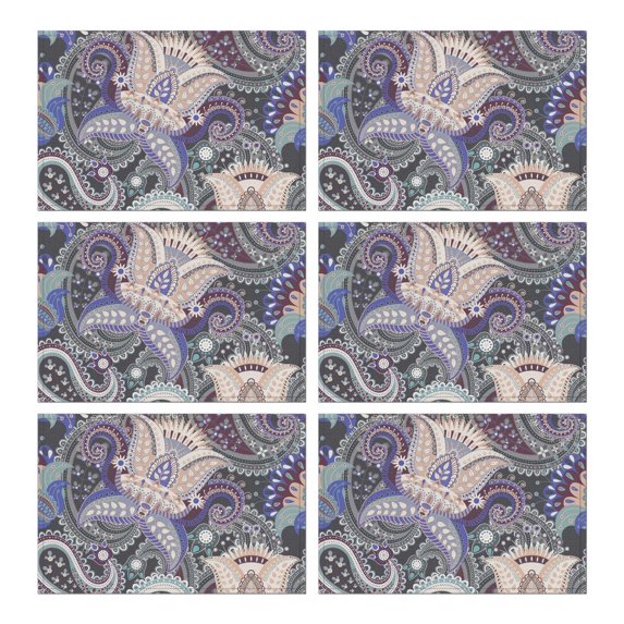 Set of 6 Paisley Placemats, Flax Heat Resistant Wrinkle Free Linen Table Mats with Colorful Boho Vintage Floral Pattern and Artistic Retro Mandala Geometric Design