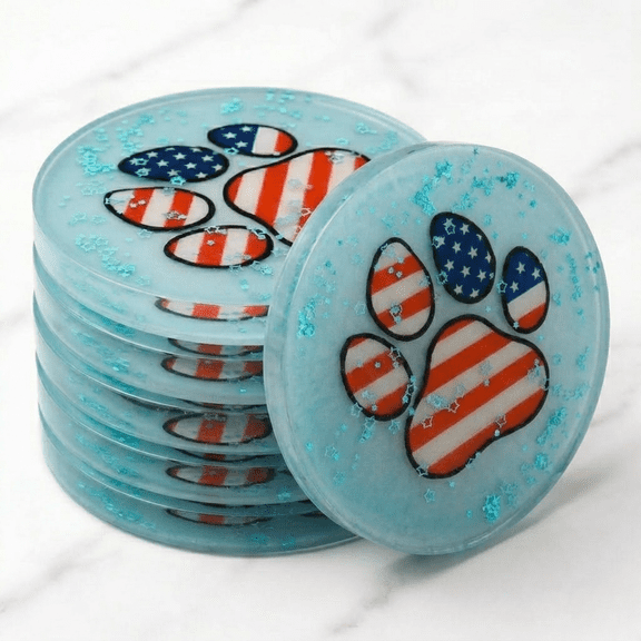 Set of 6 Patriotic Paw Print Coasters for Drinks, Round Resin Mats with Star Glitter, American Flag Design, 4th of July, Kitchen Decor & Pet Lover Gift