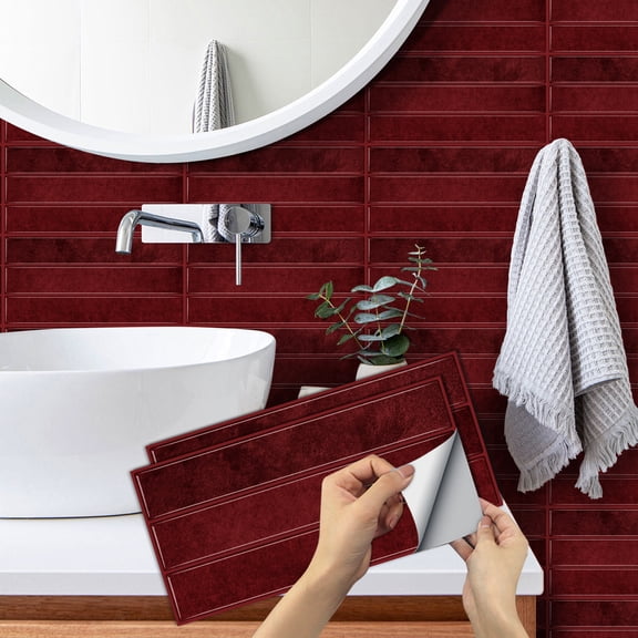 Set of 6 Peel and Stick Wall Tiles Stickers Decals 5.9" x 11.8" Dark Red Marbling Mosaic Geometric Pattern Self-Adhesive Waterproof Kitchen Backsplash