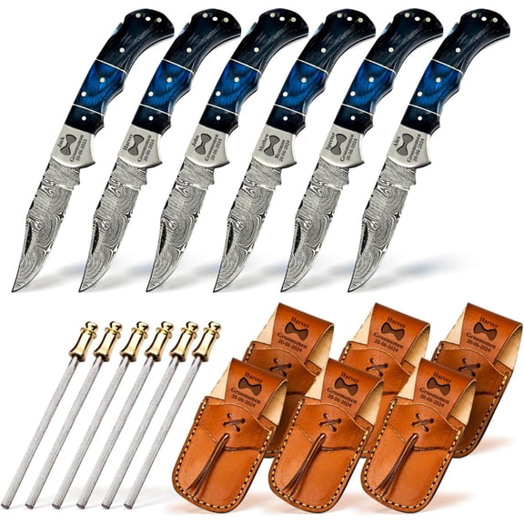 Set of 6 - Personalized Damascus Pocket Knife for Groomsmen With Leather Sheaths - Custom Engraved Pocket Knives | Groomsman Gifts for Wedding, Groomsmen Proposal Gifts