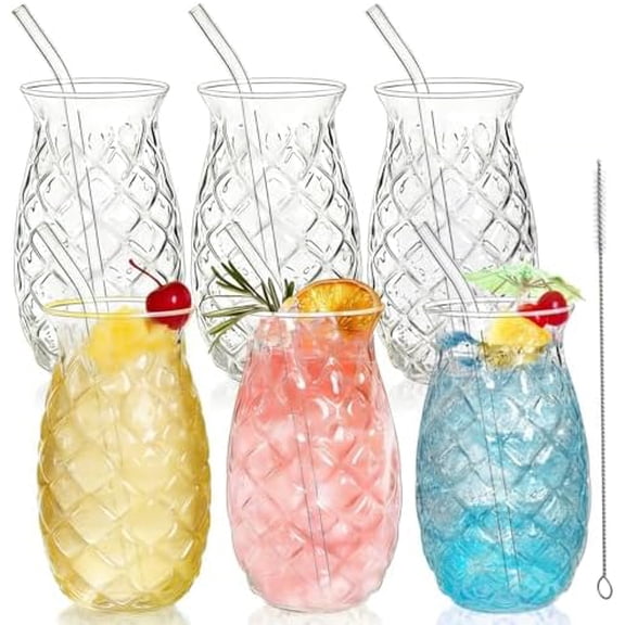 Set of 6 Pineapple Drinking Glasses, 17 Oz Clear Pina Colada Glass with Straws, Retro Relief Pineapple Cups Glassware Set for Cocktail, Juice, Water, Milk$$