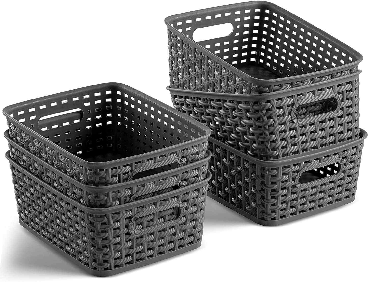 Set of 6 Plastic Storage Baskets - Small Pantry Organizer Basket Bins -  Household Organizers with Cutout Handles for Kitchen Organization,  Countertops, Cabinets, Bedrooms, and Bathrooms 