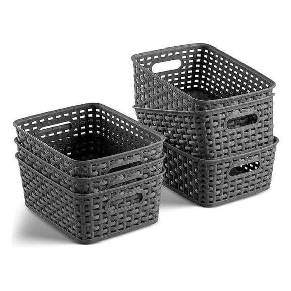 Set of 6 Plastic Storage Baskets - Small Pantry Organizer Basket Bins - Household Organizers with Cutout Handles for Kitchen Organization, Countertops, Cabinets, Bedrooms, and Bathrooms