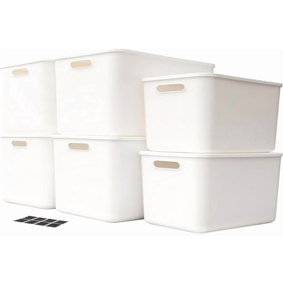 Set Of 6 Plastic Storage Bins,Versatile Kitchen Pantry Organization and Storage,for Plastic Storage Container Under Bed,Under Sink Bathroom Organizer (White, 4 L+2 M)