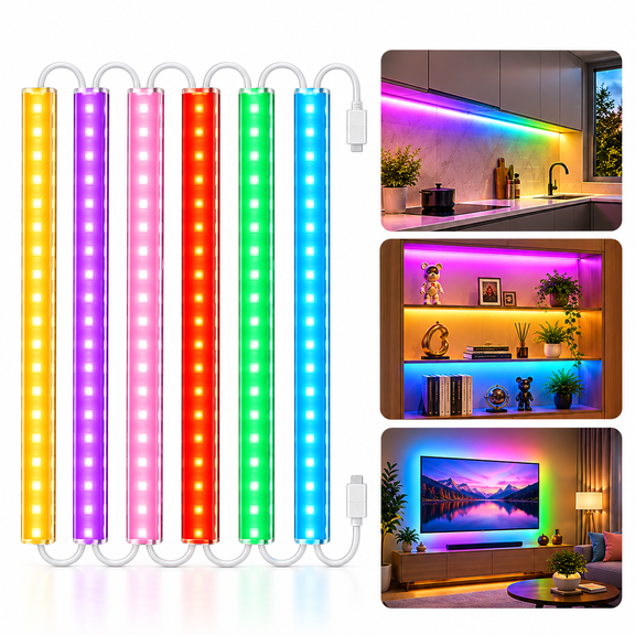 Set of 6 RGB Lights for Under Cabinets, Featuring Remote Control, Adjustable Brightness, Suitable for Kitchens, And Can Be Plugged in for Use in Cabinets, Counters, Workspaces, And Desks.