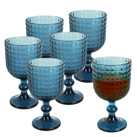 Set of 6 Retro Blue Glass Goblets | 360ml Diamond Cut Wine Glasses | Ideal for Weddings, Parties | Multipurpose Drinkware | Dishwasher Safe Elegance
