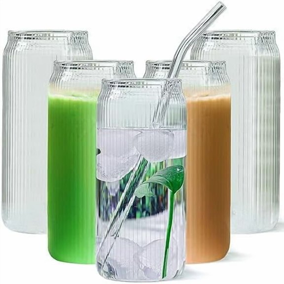 Set of 6 Ribbed Can Shaped Glass Cups with Glass Straws - 16oz Can Glass Drinking Glasses, Iced Coffee & Ice Tea Glasses, Clear Kitchen Tumbler Cup Cocktail Glass for Soda, Kiddush Cups & Sets