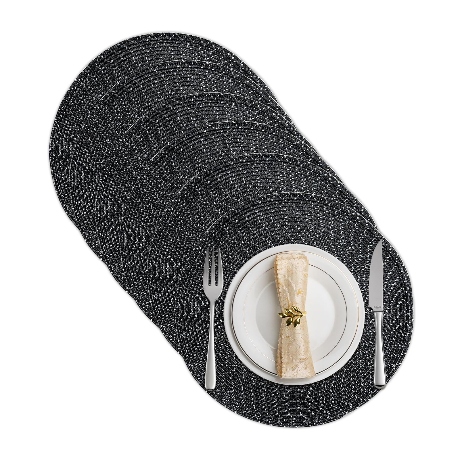 Set of 6 Round Braided Placemats Black Polyester Washable Dining