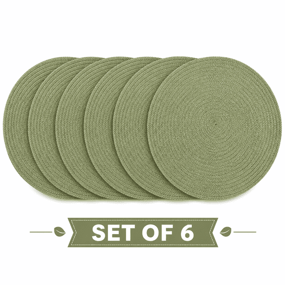 Set of 6 Round Braided Placemats for Dining Table, Green Woven Heat Resistant Table Mats, Washable Non Slip Place Mats for Kitchen, Coffee Table & Home Decor