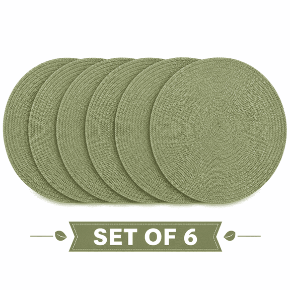 Set of 6 Round Braided Placemats for Dining Table, Green Woven Heat Resistant Table Mats, Washable Non Slip Place Mats for Kitchen, Coffee Table & Home Decor