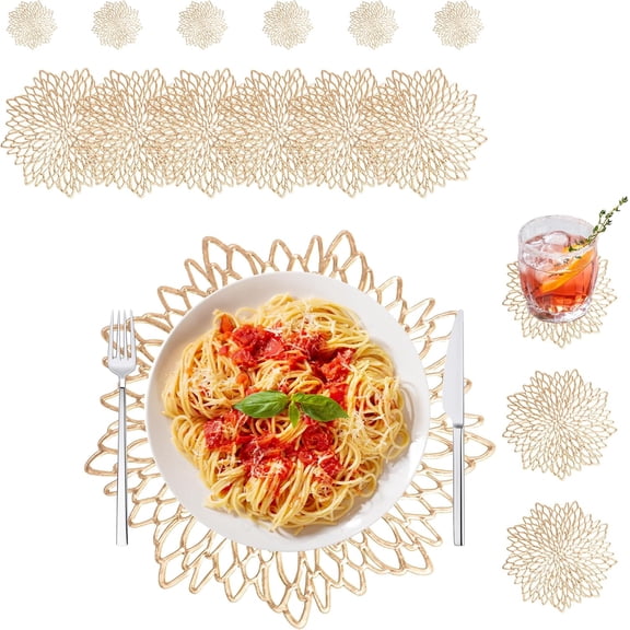 Set of 6 Round Placemats Gold, Heat-Resistant PVC Table Mats with Luxury Metallic Glossy Finish for Thanksgiving Christmas Wedding Party Decor, Easy to Clean