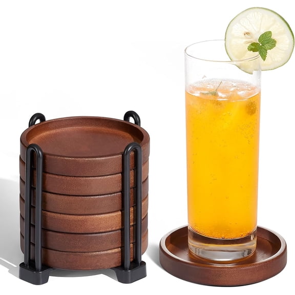 Set of 6 Rustic Wooden Drink Coasters with Storage Holder, Modern Decorative Wood Cup Mats for Coffee, Beer, Ideal for Dining Table, Bar, Indoor & Outdoor Home Tabletop Decoration