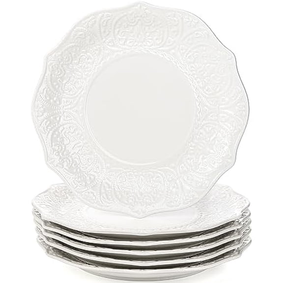 Set of 6 Salad Plate, 8 Inch Porcelain Dessert Serving Plates, Embossed Printing Small Dinner Dish for Pancakes, Steak, Microwave, Dishwasher Safe$$Home Decor, Kitchen, & Other