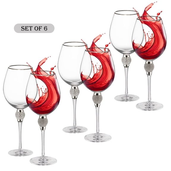 Set of 6 Silver-Rimmed Red Wine Glasses with Diamond Rhinestone Accent - 18 oz, 10 Inches Tall - Perfect Toasting Glasses for Bride and Groom, Great for Party, Wedding Anniversary