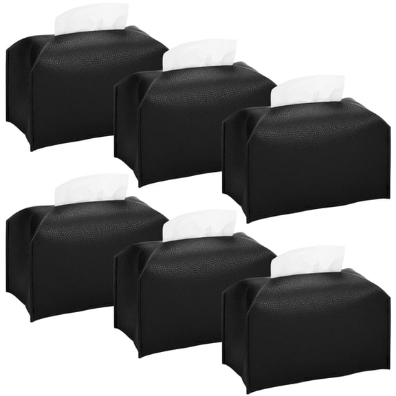 6 Pcs Black Rectangular PU Leather Tissue Box Covers, Foldable Space-Saving Design, Large Capacity Wipe-Clean Organizer for Home, Office, Living Room, Bathroom & Kitchen