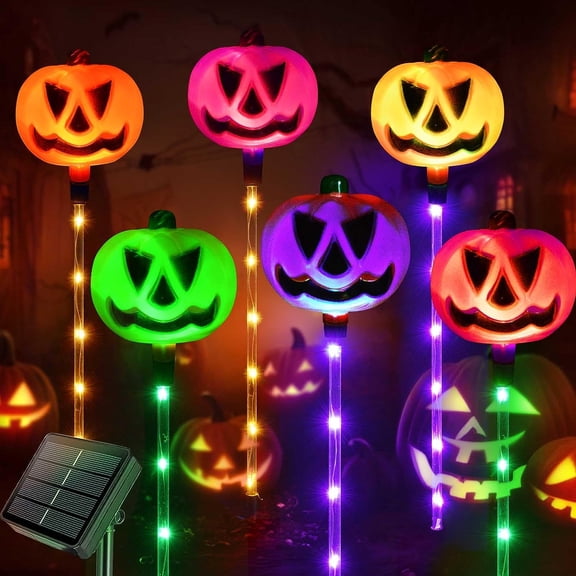 Set of 6 Solar Pumpkin Pathway Lights for Halloween Decorations Outdoor, Color Changing Outdoor Lights, Light up Jack O Lantern Pumpkins Party Porch Yard HLD578
