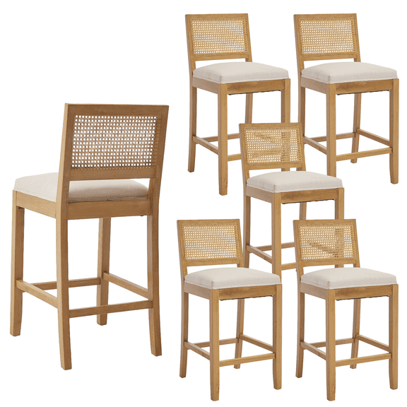 Set of 6 Solid Wood Rattan-Back Bar Stool, Matte Linen Cushion with High-Resilience Foam & S-Springs, Ideal for Rustic/Natural Style Kitchen Island, Low Bar in Dining Room & Café