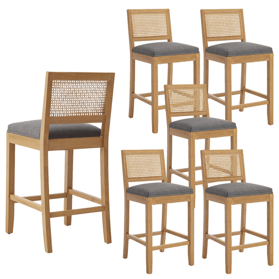 Set of 6 Solid Wood Rattan-Back Bar Stool, Matte Linen Cushion with High-Resilience Foam & S-Springs, Ideal for Rustic/Natural Style Kitchen Island, Low Bar in Dining Room & Café