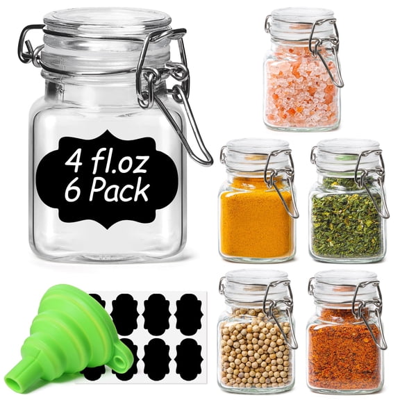 Set Of 6 Square Glass Spice Jars With Airtight Lids (4 Oz)  Mini Favor Wire Clamp For Honey Herbs & Farmhouse Kitchen Pantry Organization Funnel Labels