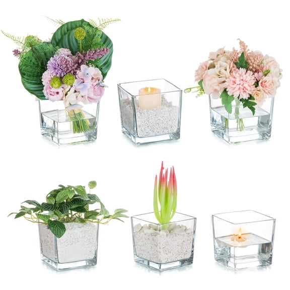 Set Of 6 Square Glass Vases for Centerpieces: 5 Inches Short Flower Vase Low Large Clear Vases for For Flowers Wide Decorative Centerpiece Vases for Table Wedding Dining Room Decor