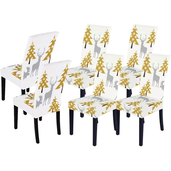 Set of 6 Stretch Christmas Chair Covers for Dining Room Gold Christmas Tree Printed Chair Covers Christmas Decor Removable Chair Covers Non Slip Washable Furniture Protector for Kitchen