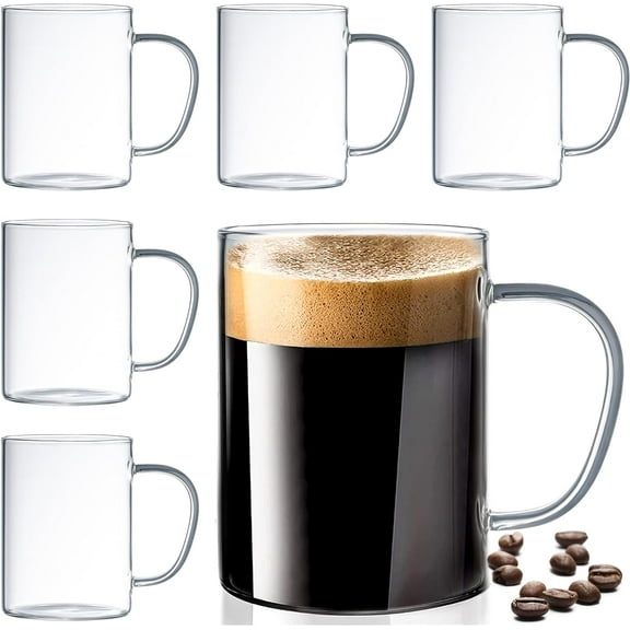 Set of 6 Ultra Durable Sleek Glass Irish Coffee Mugs with Handle, Clear Borosilicate Glass Teacups, Mugs for Cappuccino, Latte, Tea Cups, Espresso, Hot Beverage, Dishwasher & Microwave Safe