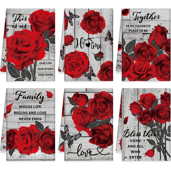 Set of 6 Valentine''s Day Red Rose Kitchen Towels Vintage Flowers Dish Towel Romantic Floral Decorative Hand Cloths for Valentine Kitchen Bathroom Decoration Housewarming Gifts, 18 x 26 Inch