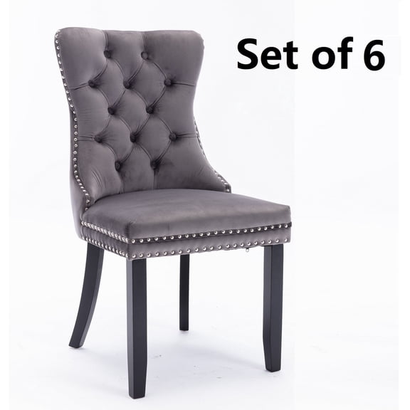 Set of 6 Velvet Fabric Dining Chairs Luxury Tufted Back with Nailed Trim and Back Ring Pull Home Kitchen Dining Room Chairs Armless Accent Side Chairs Solid Rubber Wood Legs