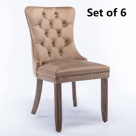 Set of 6 Velvet Fabric Dining Chairs Luxury Tufted Back with Nailed Trim and Back Ring Pull Home Kitchen Dining Room Chairs Armless Accent Side Chairs Solid Rubber Wood Legs