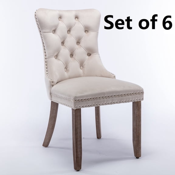 Set of 6 Velvet Fabric Dining Chairs Luxury Tufted Back with Nailed Trim and Back Ring Pull Home Kitchen Dining Room Chairs Armless Accent Side Chairs Solid Rubber Wood Legs