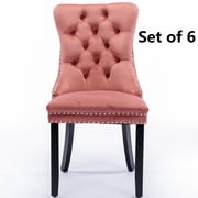 Set of 6 Velvet Fabric Dining Chairs Luxury Tufted Back with Nailed Trim and Back Ring Pull Home Kitchen Dining Room Chairs Armless Accent Side Chairs Solid Rubber Wood Legs