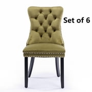 Set of 6 Velvet Fabric Dining Chairs Luxury Tufted Back with Nailed Trim and Back Ring Pull Home Kitchen Dining Room Chairs Armless Accent Side Chairs Solid Rubber Wood Legs