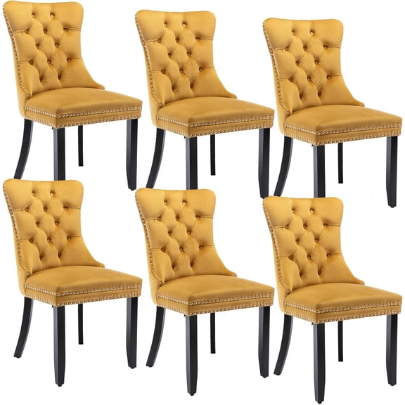 Set of 6 Velvet Fabric Dining Chairs Luxury Tufted Back with Nailed Trim and Back Ring Pull Home Kitchen Dining Room Chairs Armless Side Chairs Solid Rubber Wood Legs (Gold)